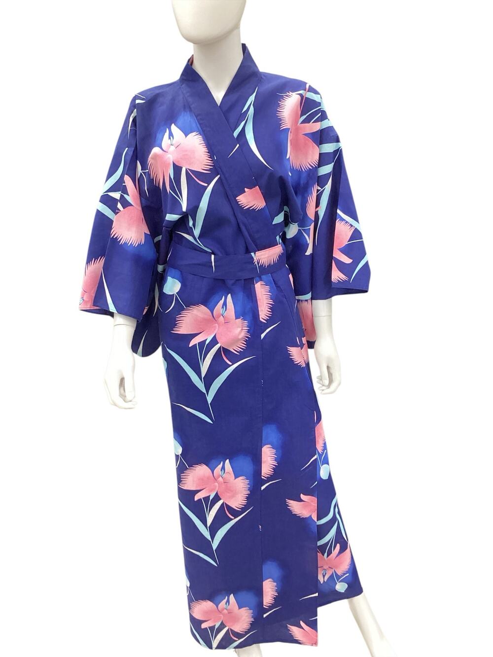 Vintage Marnky Kimono Women’s One SZ 100% Cotton Made In Japan Long Belted Blue